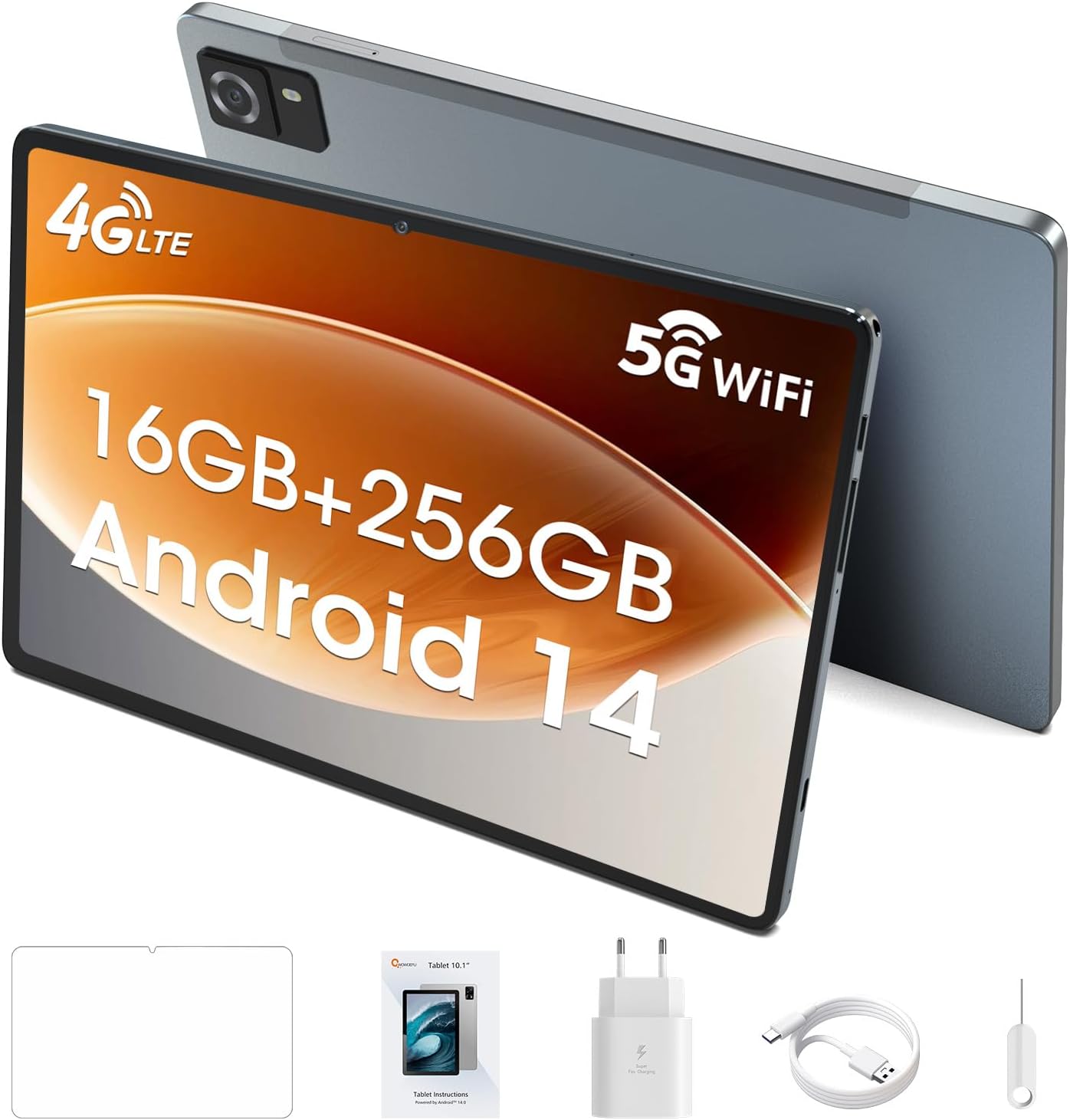 CWOWDEFU Tablet with SIM Card Slot,10-inch Tablet Android 14,4G LTE Tablet and Phone (Make Calls),16GB RAM,256GB ROM (TF up to 1 TB),GSM Unlocked,Phablet,6000 mAh,GPS,Octa-Core(Grey)