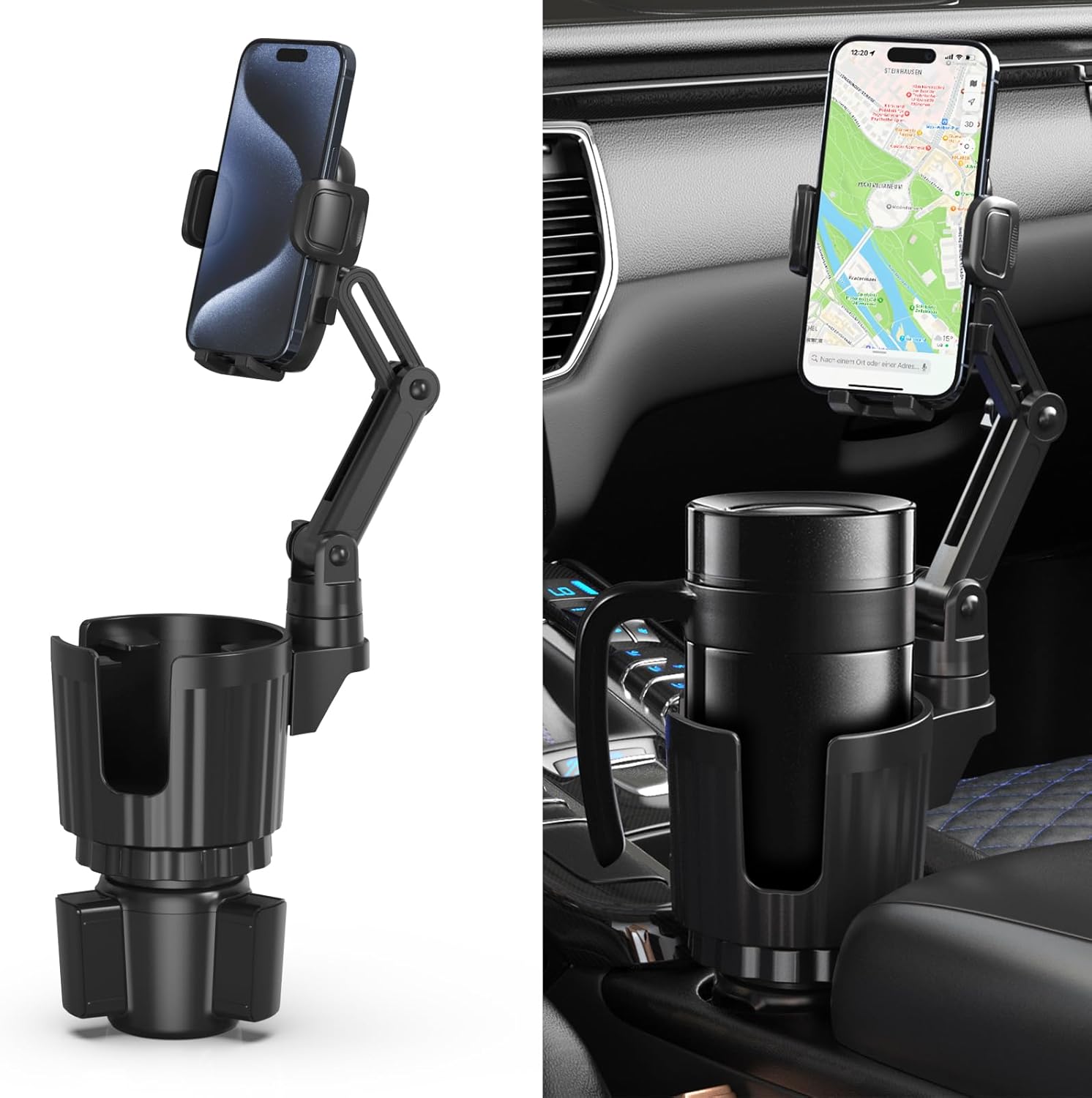 Cup Holder Phone Mount, 2 in 1 Universal Cup Holder Expander Adjustable Base with Phone Mount, Long Arm with 360°Rotation Cup Holder Phone Mount for Car Compatible with All Smartphones