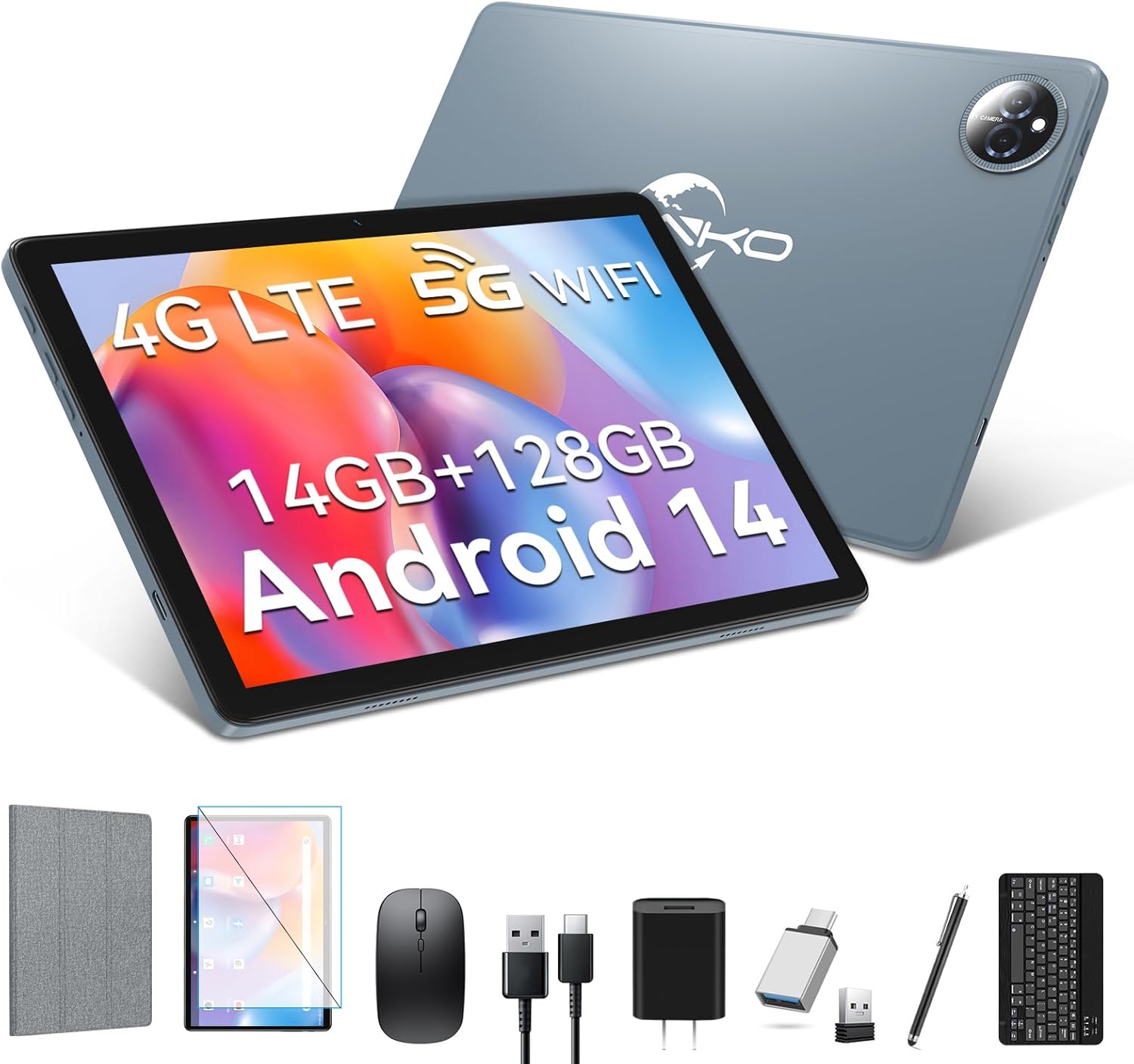 Tablet 10 inch 2025 Latest Android 14 Tablet with 128GB Rom+14GB Ram+2TB Expand, 4G Cellular Tablets with Dual Sim Slot, 2 in 1 Tablet with Case/Keyboard/Mouse, 5G Wifi, Octa-Core GPS 8000mAh (Grey)